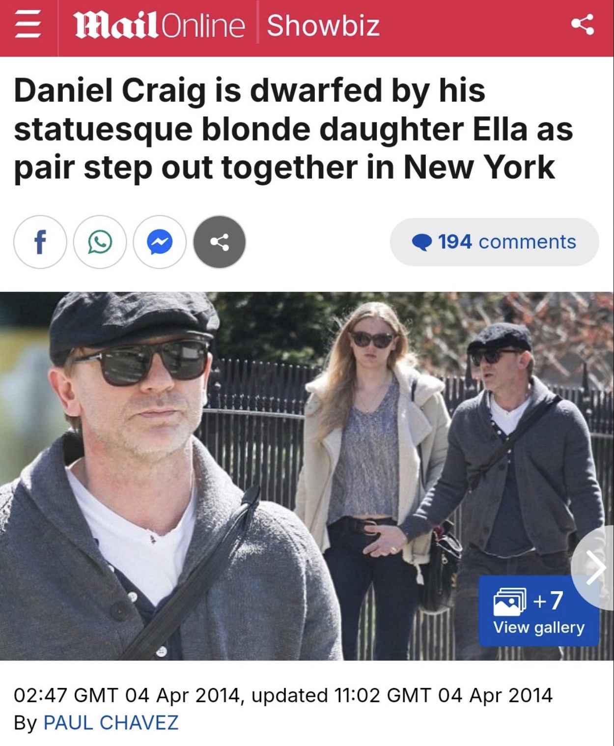 Mail Online Showbiz Daniel Craig is dwarfed by his statuesque blonde daughter Ella as pair step out together in New York f D 194 7 View gallery Gmt , updated Gmt By Paul Chavez